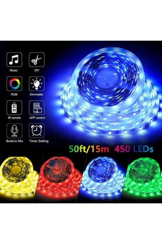 Springsun 15m Rgb Led Işık Şeridi, Müzik Senkronlu Renk Değiştirme, Bluetooth Uygulama + Kumanda Kontrolü, Ev Dekorasyonu Partileri Odalar İçin Renk