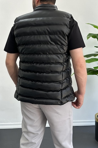 Erkek Slim Fit Fermuarlı Suni Deri Yelek Siyah Edw088-siyah