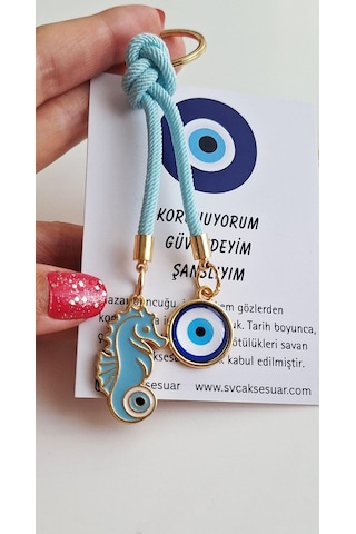 Hediyelik Çift Nazar Boncuklu Açık Mavi Şans Denizatı Anahtarlık 10,5 Cm