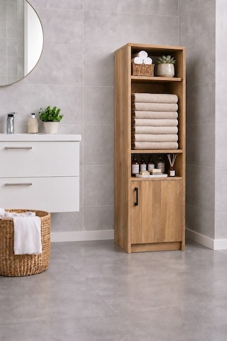 Rudu Duru Çok Amaçlı Banyo Dolabı Düzenleyici 45x34x156 Cm 1 Kapaklı 5 Raflı Meşe