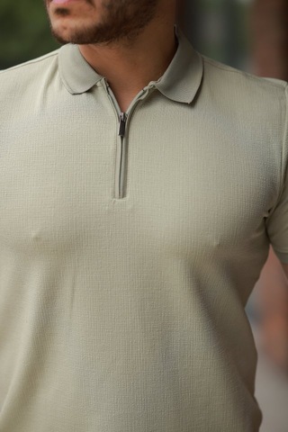 Erkek Fermuarlı Yaka Kısa Kollu Tişört Yeşil