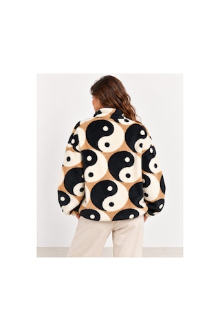 Nova Earth Art Kadın Desenli Yarım Fermuarlı Peluş Sweatshirt Siyah