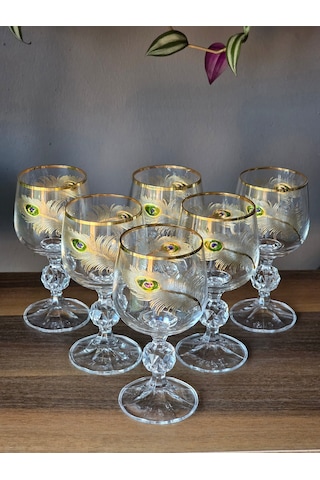 Fermato 6 'lı 24k El İşçiliği - Gerçek Altın İşlemeli 150 Cc'lik Kahve Yanı Kristal Bardak Peacock Gold Çok Renkli