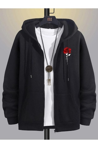 Altamira Unisex Beyaz Çicek Baskı Fermuarlı Kapüşonlu Oversize Hırka 001
