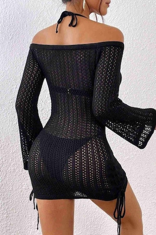 Angelsin Örme Yanlardan Büzgülü Uzun Kollu Plaj Elbisesi Pareo Siyah 001