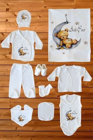 İsim Baskılı %100 Pamuk 10'lu Organik Erkek Bebek Hastane Çıkışı Beyaz