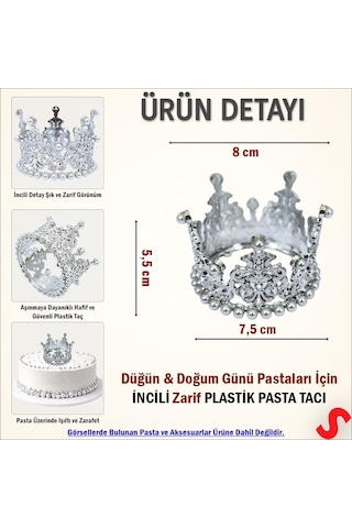 İncili Plastik, Pasta Süsleme Tacı 8 Cm X 5 Cm - Gümüş