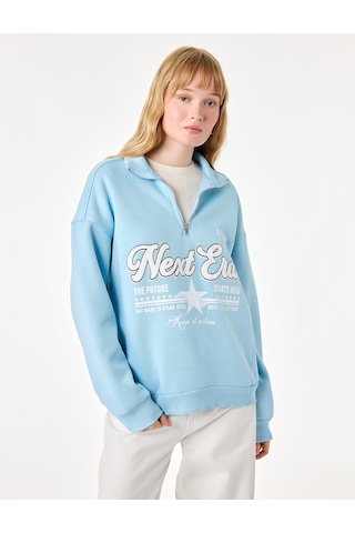 Koton Şardonlu Yarım Fermuarlı Dik Yaka Uzun Kollu Baskılı Sweatshirt Mavi 7wal10202ık