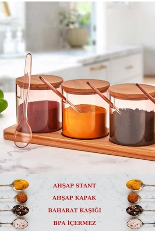 Flosoft Doğal Ahşap Kapaklı Kaşıklı 3’lü Mika Baharatlık, Ahşap Stantlı Sosluk Reçellik Baharatlık Seti Diğer