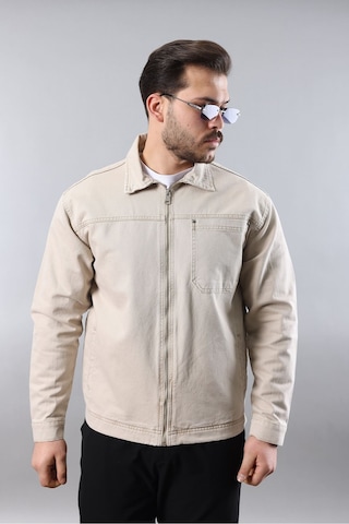 Erkek Regular Fit Bej Spor Model Fermuarlı Kot Ceket Bej