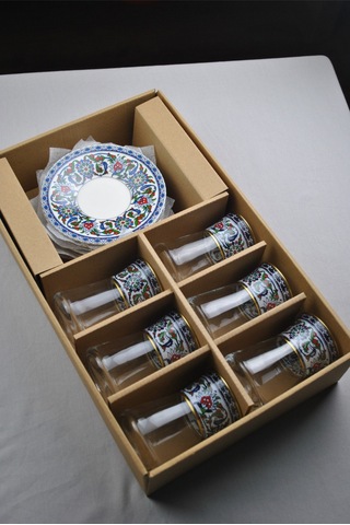 12 Parça 6 Kişilik Lüx Cam Çay Seti Gold Detaylı Altın Renk İşlemeli Lüks Çay Takımı Lacivert