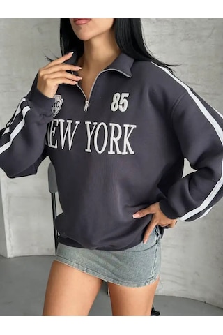 Yarım Fermuarlı Newyork Yazılı Sweat Antrasit