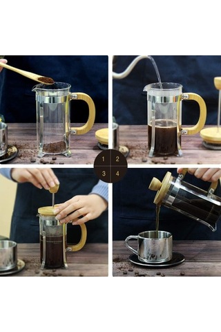 Özel Üretim Ahşap Detaylı 600 Ml Cam French Press Sunum Gereci Kahve Demleme Çeyiz Ürünü Ahşap - Şeffaf