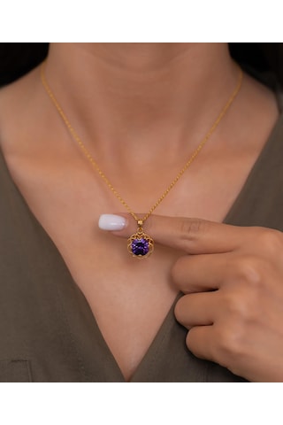 Bayar Gold 14 Ayar Altın Mor Güneş Taşlı Kolye Sarı Altın