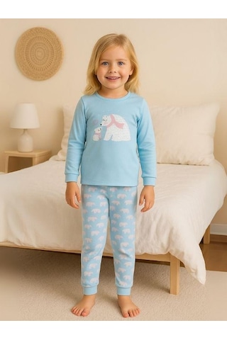 Kız Çocuk Pamuklu Kutup Ayısı Baskılı Pijama Takımı-16020 Turkuaz