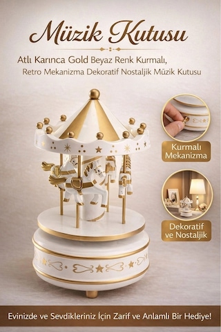 Müzikkutusu Atlı Karınca Gold Beyaz Nostaljik Hediye Dekoratif Kurmalı Retro Mekanizma Müzik Kutusu