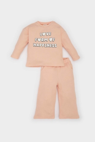 DeFacto Kız Bebek 2'li Takım Waffle Bisiklet Yaka Baskılı Sweatshirt Beli Lastikli Geniş Bol Paça Eşofman Altı E0202A525SPOG577 Turuncu