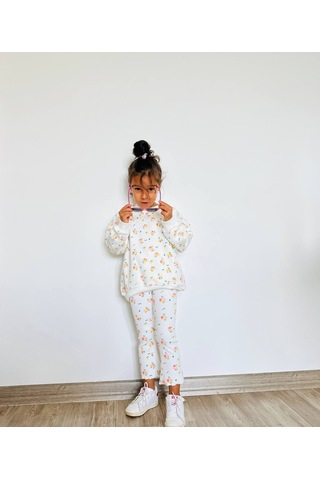 Kız Çocuk Çiçek - Leopar Detaylı 3 İplik Alt Üst Takım Sweatshirt + Tayt Çiçekli
