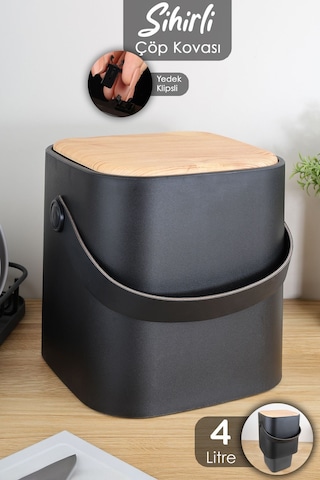 Ahşap Görünümlü Çöp Kovası - Akıllı Kapak Tutma Saplı Kovalı Tezgah Üstü Mutfak Çöp Kovası 4lt Siyah