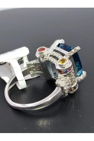 925 Gümüş Mavi Topaz Elmas Tasarım Yüzük 308