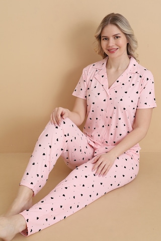 Wordex Mirano 9514 Kalpli Pembe Pegasus Kumaş Düğmeli Kısa Kolu Kadın Pijama Takımı