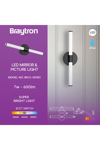 Braytron Lily-c 7w 3-in-1 Krom-siyah Led Aplik Ip44 Mat Siyah