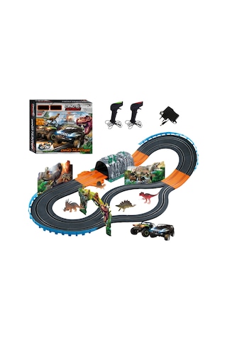 Dino World Dino Hunter Slot Track Yarış Seti - 120x80 Cm Dinozor Temalı Işıklı Araba Pisti Çok Renkli