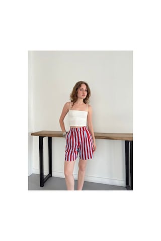 Verymoda Çizgili Pileli Bermuda Şort D3097 Kırmızı Mavi