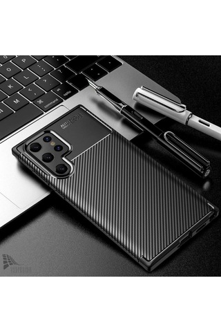Samsung Galaxy S25 Ultra Uyumlu Silikon Kılıf Karbon Desenli Kamera Korumalı Kapak Siyah Siyah