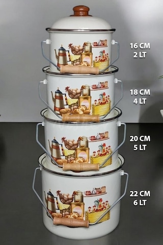 Nishev Zarif İtalyan Zeyno Emaye Yoğurt, Tahıl, Bakliyat Tencere Seti Emaye Bakraç