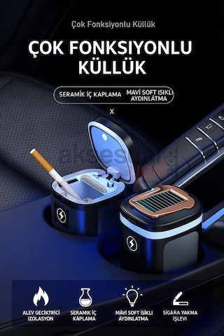 Araç İçi Küllük Lüks Güneş Enerjili Çakmaklı Seramik Deri Detaylı Premium Model
