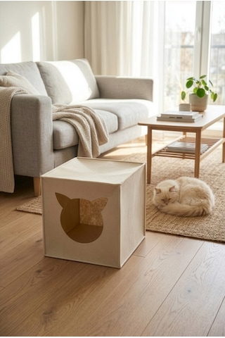 Bej Keçe Kedi Yuvası Dekoratif Mama Kabı Altlığı Hediyeli Organizer Düzenleyici Katlanabilir
