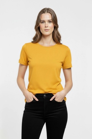 Primemagazam Kadın T-shirt Bisiklet Yaka Slim Fit Likralı Tişört Yazlık Basic Body - Sarı Çeşitli