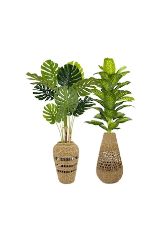 Biçiçek Yapay Monstera Ve Di̇fenbahya Ağacı Bohem Saksıda