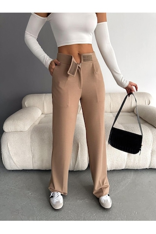 Nevege Butik Nevege Beli Cırtlı Likralı Krep Kumaş Palazzo Pantolon Camel