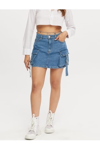 Shevega Kadın Mavi Korük Kargo Cepli Kot Etek Mavi