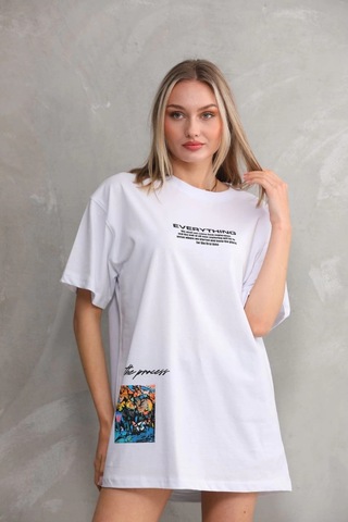 Primemagazam Kadın Bisiklet Yaka Baskılı Oversize T-shirt - Beyaz Çeşitli