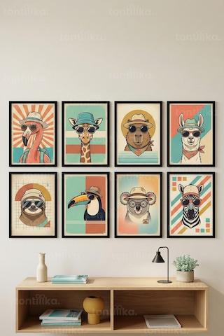 8 Parça Retro Renkli Hayvan Portreleri Dekoratif Çerçeve Görünümlü Tablo Seti - İllistrasyon Tema