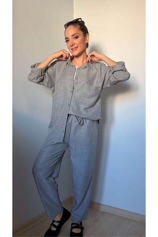 Ali Butik Gri Keten Gömlek Pantolon Takım Gri