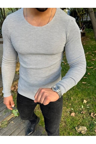 Elku Moda Kazak Örme Tüylenmez Naturel Pamuk Kazak Slim Fit Triko Dar Kesim Body Kazak Gri
