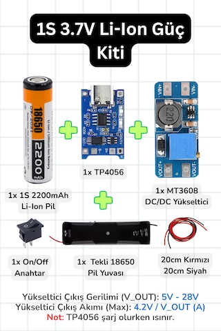 18650 Li-ıon Pil Güç Kiti 1s 2200mah Tp4056 Şarj + Mt3608 Boost/yükseltici Modül