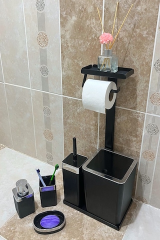 6 Parça Banyo Seti Çöp Kovası, Wc Fırça, Tuvalet Kağıtlık, Diş Fırçalık, Sıvı Sabunluk, Sabunluk Krom - Siyah