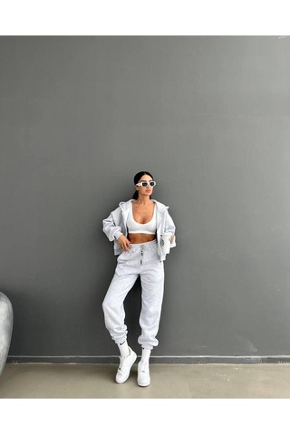 Düz Basic Hırka Eşofman Altı Jogger Alt Üst Takım - Gri Fermuarlı Oversize Kapüşonlu Gri