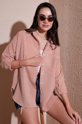 Lela Regular Fit Uzun Kollu Cepli Çizgili Bayan Gömlek 6772895 Kiremit