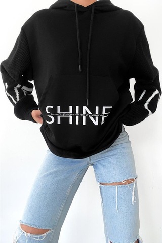 Femelle Siyah Beyaz Shine Yazılı Kollar Örme Triko Detaylı Kanguru Cepli Kapüşonlu Kadın Sweatshirt Hoodie
