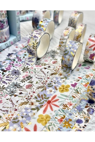 Kare Vintage Washi Tape Bant Yapışkanlı Maskeleme Kağıdı Desenli Bant 12'li - Mavi Çiçekler 1