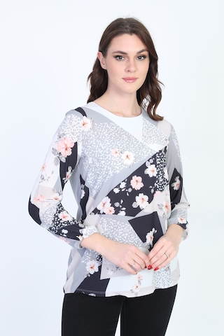 Ella Camelia Kadın Uzun Kollu Çiçek Desenli Bluz 18E081 Gri