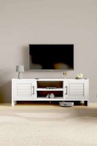 Molde Retro Tv Sehpası Mdf Membran Kapaklı Raflı Tv Ünitesi Televizyon Sehpası Beyaz