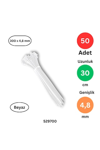 Plastik Kablo Bağı Klipsi Cırt Kelepçe 300 X 4.8 Beyaz 50 Adet Beyaz