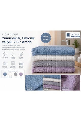 4'lü El Ve Yüz Havlusu Seti 50x90 Cm Pamuklu Yumuşak Dokulu Yüksek Su Emici Günlük Kullanım Premium Kalite Mavi